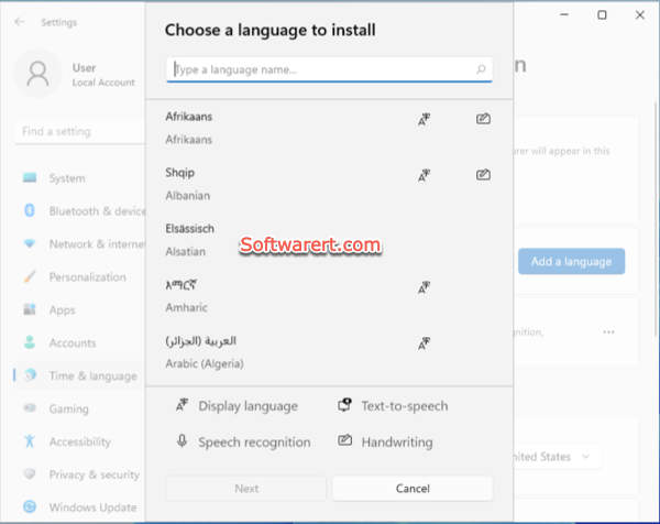 Windows 11 settings - choose and install new language