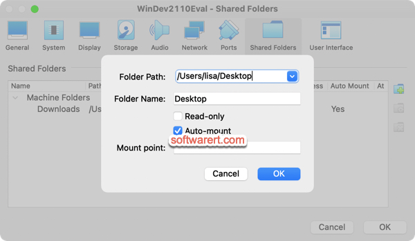 create, add shared folder in VirtualBox for Mac
