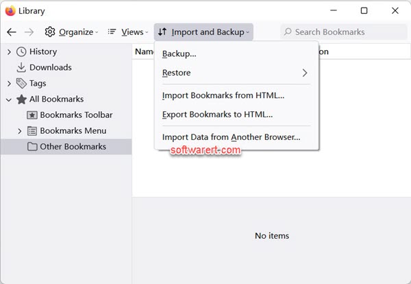 firefox browser bookmarks backup restore, export, import
