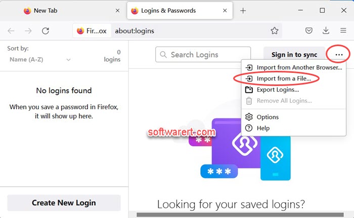 Import passwords, logins from a file to Firefox browser
