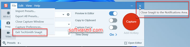 Exit Snagit Capture instead of minimizing to notification tray