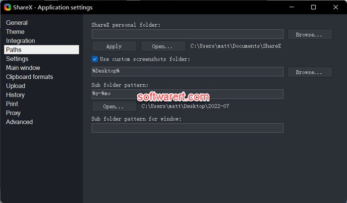 ShareX use custom screenshots folder