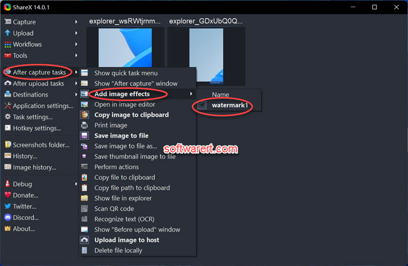 ShareX for Windows - after capture tasks - add, apply image effects, text watermarks