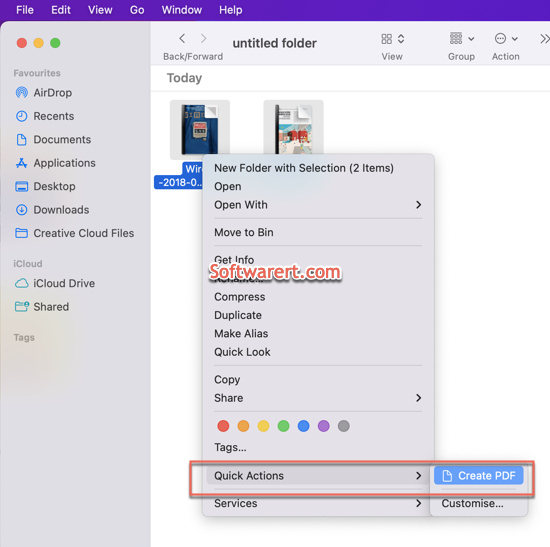 Finder quick actions create pdf to merge several pdf files on mac