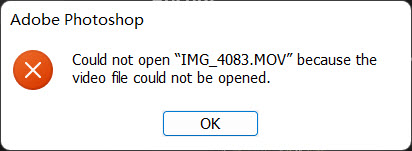 adobe photoshop could not open mov video file on pc