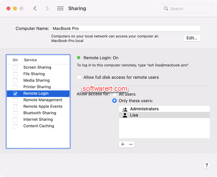 enable remote login ssh, sftp mac sharing