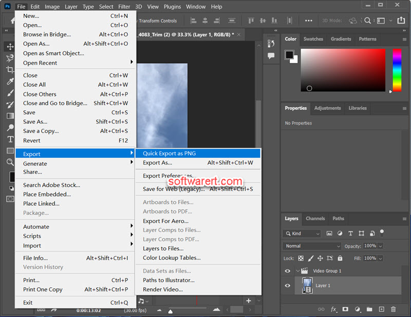 Photoshop for Windows quickly export video frames as PNG image