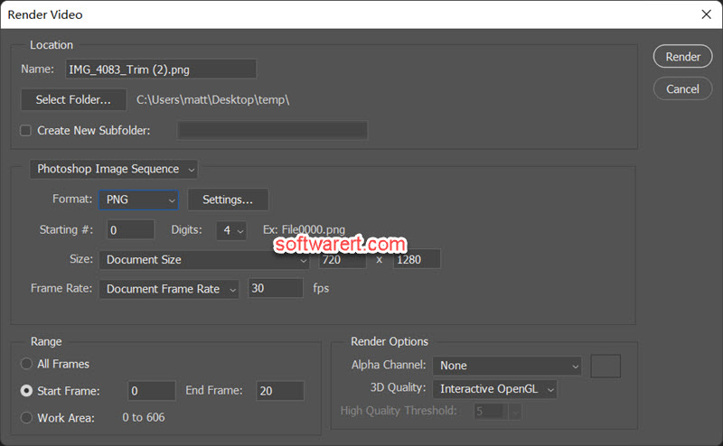 Photoshop for Windows render video to quickly batch export video frames