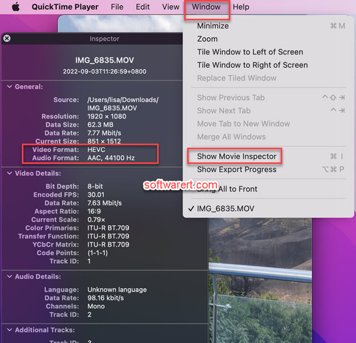 QuickTime Player for Mac Show Movie Inspector - Check video codec