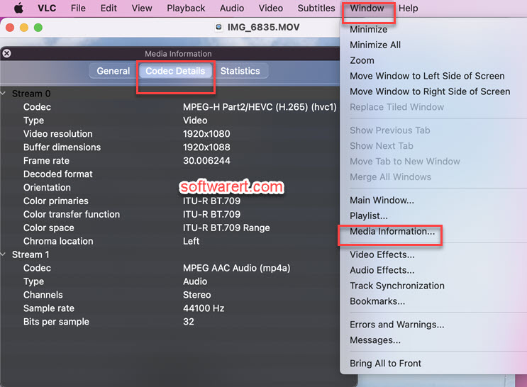 vlc for Mac view codec details from media information
