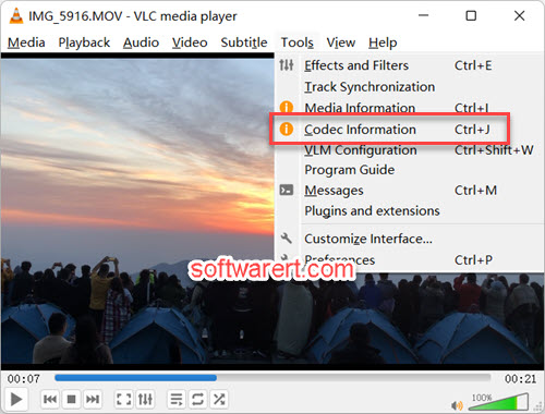 Identify video codec in VLC player