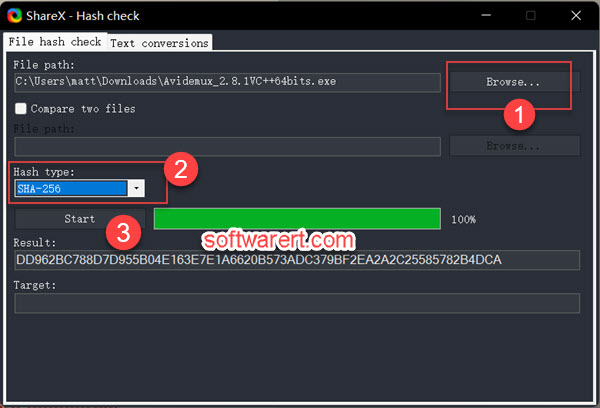 Verify SHA256 Checksum for a file using ShareX hash check on Windows PC
