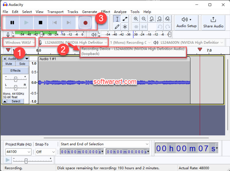 record system, internal audio, sound, music, windows wasapi, loopback recording device using Audacity on Windows computer
