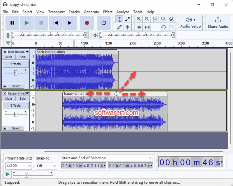 move track in timeline of audacity on Windows computer