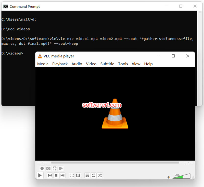 Merge videos in VLC player from Command Prompt on Windows PC