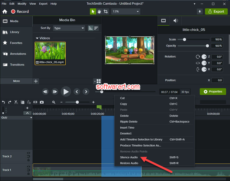 mute parts of a video, silence audio in Camtasia for Windows