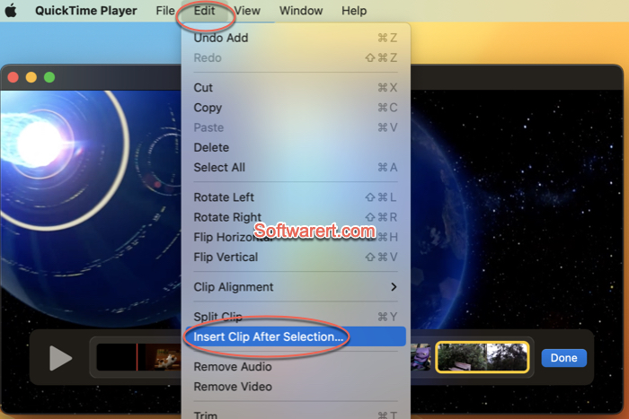 Merge videos in QuickTime Player - insert extra video clip after the selected clip and merge