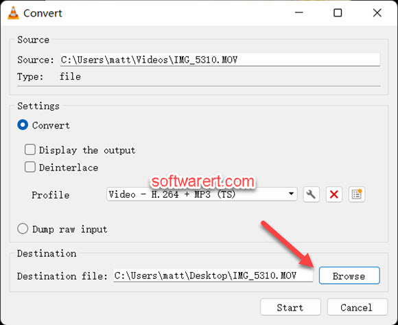 vlc player for windows convert video choose destination to save video