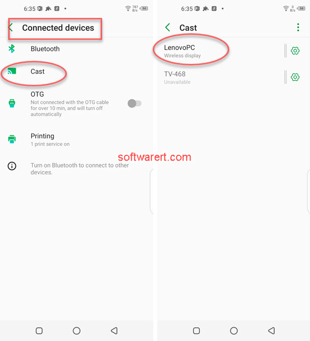 Cast screen from Android to Windows wireless display on PC from Settings connected device
