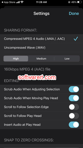 Hokusai Audio Editor sharing format settings on iPhone