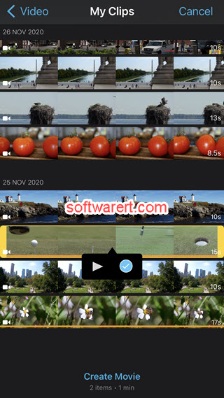 select and add multiple video clips to iMovie on iPhone