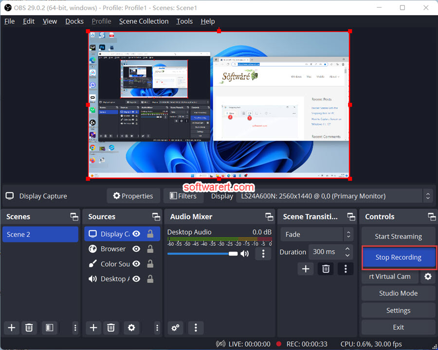 recording computer screen using OSB studio for Windows