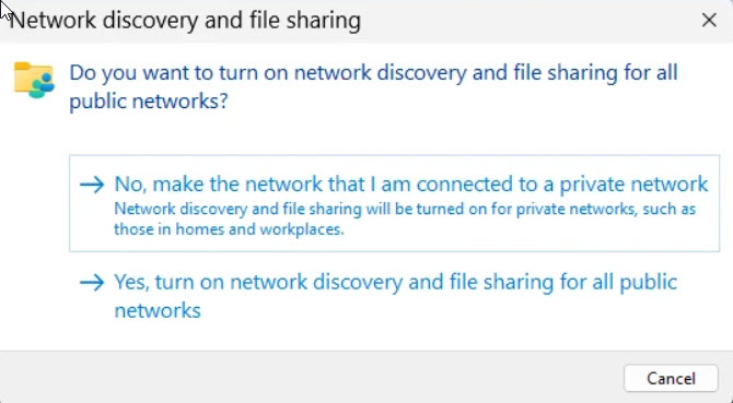 turn on network discovery file sharing private public networks file explorer windows 11