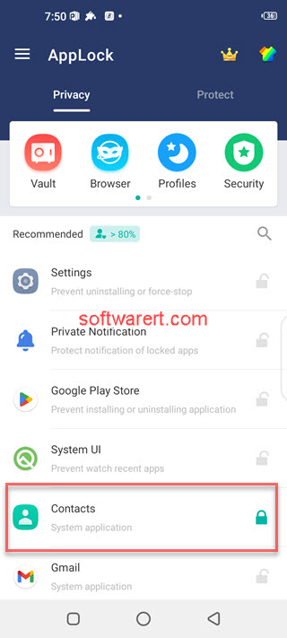 AppLock for Android to lock Contacts app
