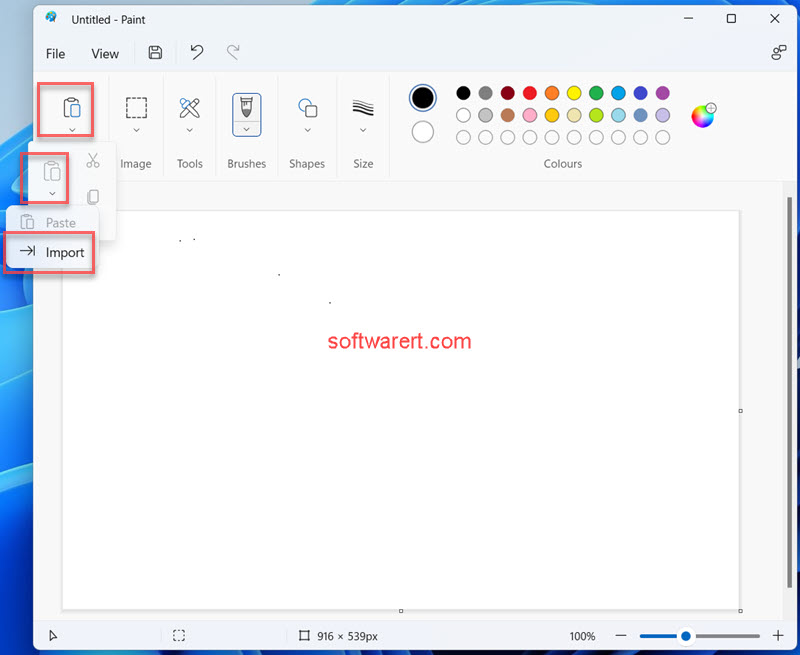 Windows Paint app clipboard > paste > import