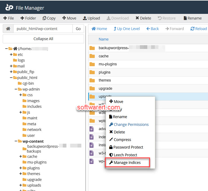 manage directory indices in cpanel file manager