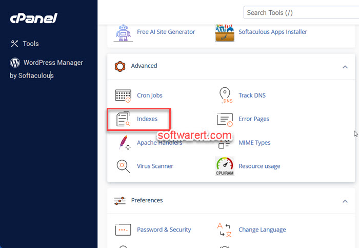 access indexes index manager in cPanel