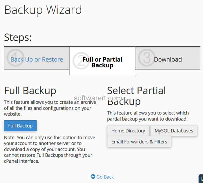 cpanel backup wizard - create full or partial backup of website directory and databases
