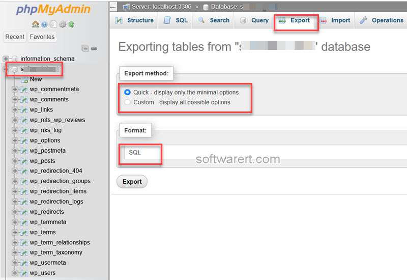 backup, export WordPress database using phpMyAdmin