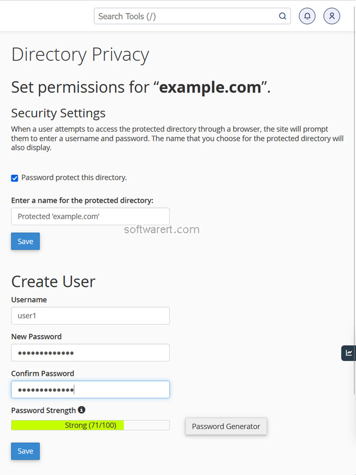 cpanel files directory privacy - enable password protection and create user