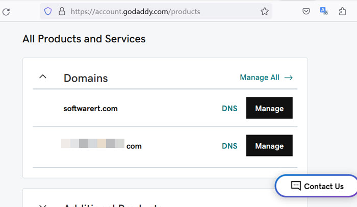 godaddy account all products and services domains