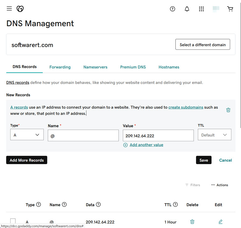godaddy domain dns management DNS records - add, create A record