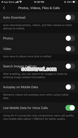 disable auto-download, auto-save photos, videos, files in wechat on iPhone