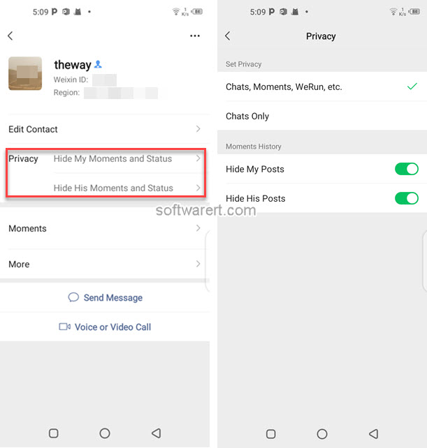 Wechat for Android privacy settings for contacts - chats only vs hide my posts vs hide his posts in Moments
