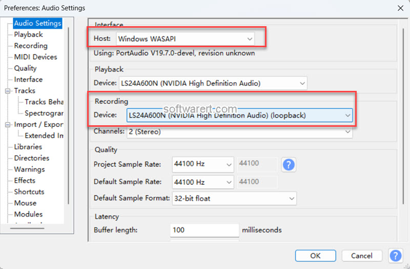 audacity for windows - audio settings choose windows wasapi host, loopback recording device
