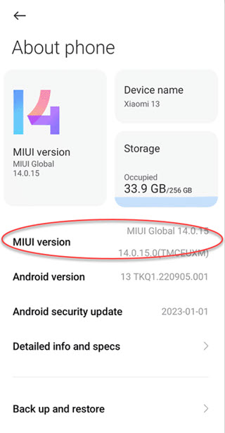 Xiaomi phone About phone - MIUI version 14
