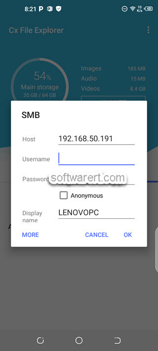 cx file explorer android phone access windows smb file server - verify username and passsword