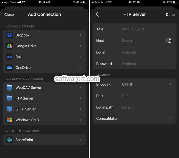 Add connection to FTP server using Documents app iphone