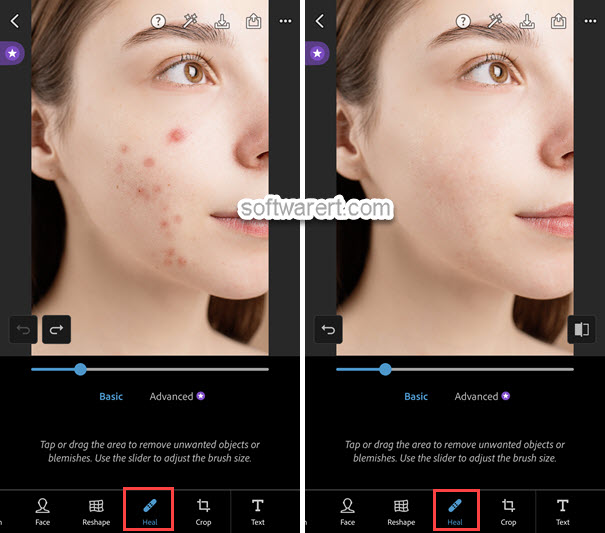 remove blemishes from face selfies photos using photoshop express on iphone