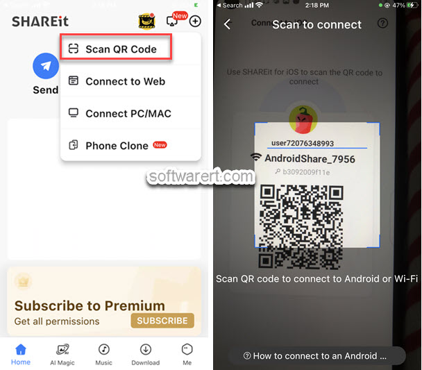 SHAREit(version 3.12.88) on iPhone scan to connect Android phone