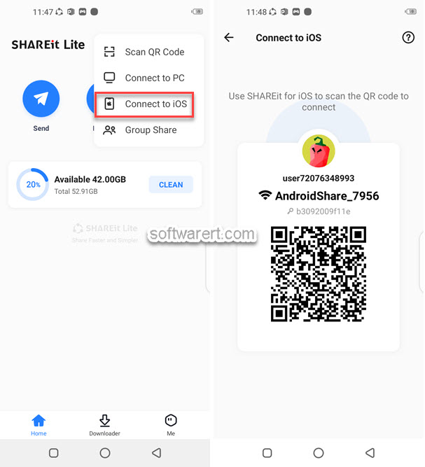 SHAREit lite(version 3.6.98) on Android phone to connect to iOS