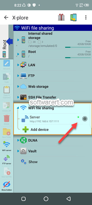 x-plore start wifi file sharing server on Android mobile phone