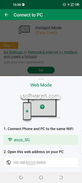 xender android phone connect to pc web mode