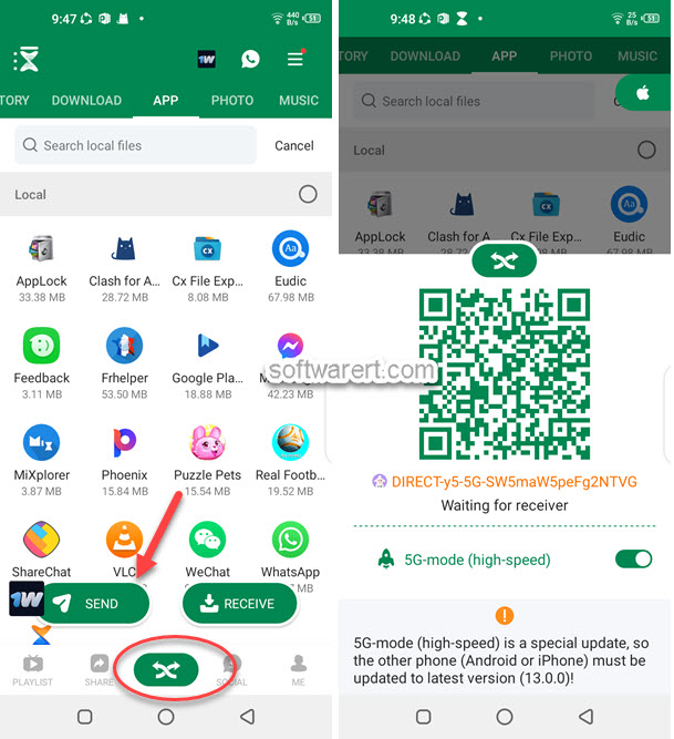 xender create wi-fi hotspot and display qr code on android phone for other devices to scan and connect