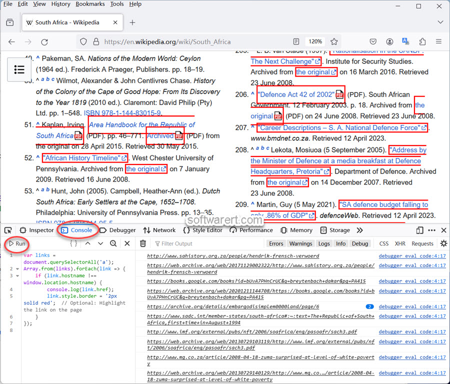 Extracting external links on a web page in Firefox browser