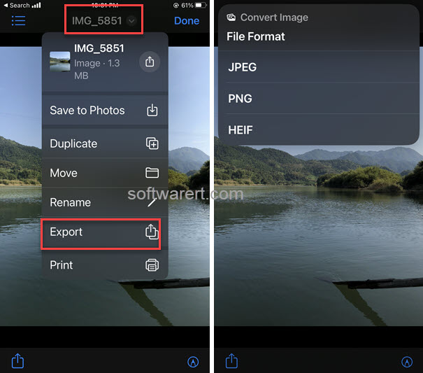 Export, convert image formats in Files app on iPhone